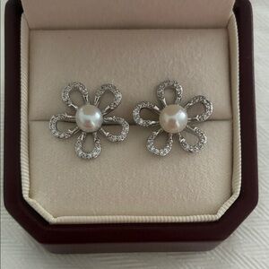 Silver Flower Pearl Earrings | Sterling Silver Posts | Holiday Gift for Her